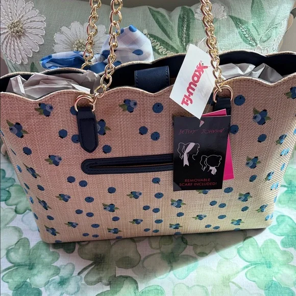 Betsey Johnson Beige blueberry Tote with Blue Floral & Polka Dot Scarf Bow - Picture 5 of 11